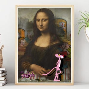 Pink Panther, Mona Lisa Graffiti Poster/Druck, klassische Zeichentrickfigur Wanddruck, druckbare Wandkunst, sofortiger digitaler Download.
