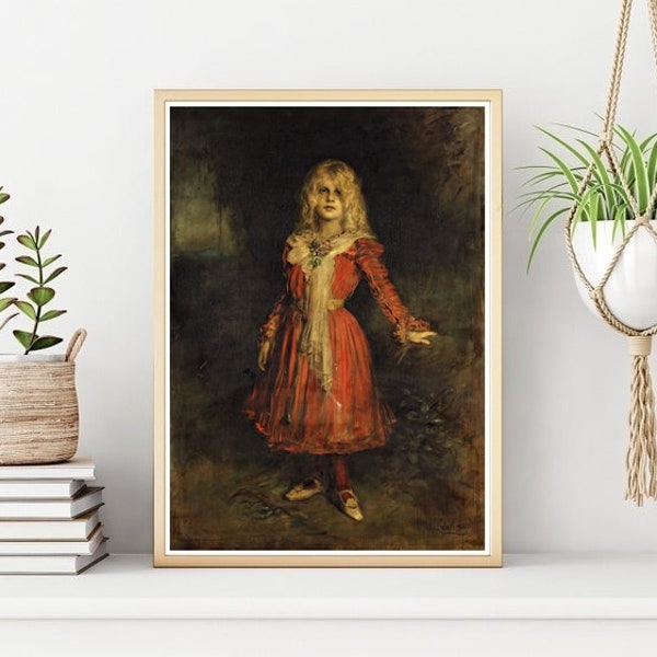 Stampa ritratto antico/vintage, ragazza in abito rosso, inquietante stile horror gotico, arte della parete stampabile, download digitale istantaneo.