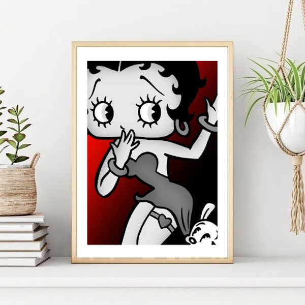 Betty Boop Poster, Betty Boop Druck, Vintage Betty Boop Wanddruck, druckbare Cartoon Charakter Wandkunst, digitaler Download Einzigartiges Geschenk.
