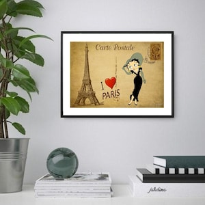 Impresión/póster de postal de Betty Boop de París, arte mural de personajes clásicos, descarga digital instantánea, regalo único de última hora