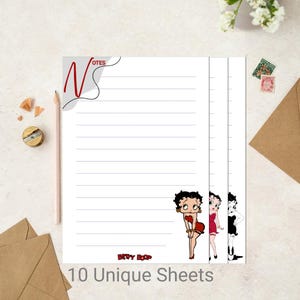 Papel de notas imprimible de Betty Boop, paquete de 10 hojas, descarga digital A4.