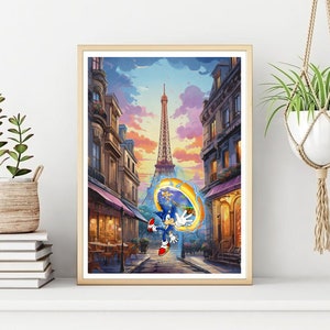 Video Game Art, Sonic & Tails In Paris Print, Retro Video game Wall Print, Sonic The Hedgehog Poster, Printable Wall Art, Instant Download.