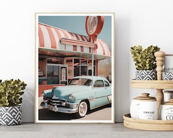Retro Diner Cadillac Druck: Vintage Amerikanische Wandkunst (Digitaler Download)