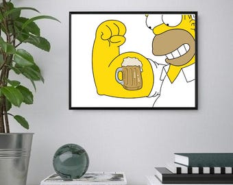 Homer Simpson Beer Muscles Art Print, Classic Cartoon Portrait (Digital Download)
