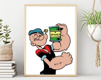 Popeye Cartoon Print: Strongman Wall Art (Digital Download) Unique Last Minute Gift. Digital Art