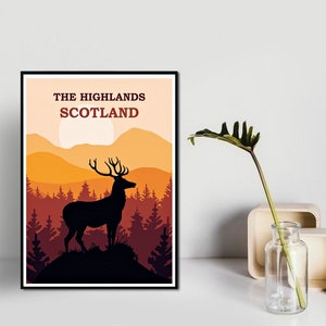 Scotland Travel Print, Scottish Highlands Stag Wall Print, Printable Travel Poster. Instant Digital Download, Home Printable Wall Decor.