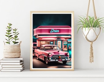 Retro Pink Cadillac Diner Print: Amerikanische Wandkunst (Digitaler Download)
