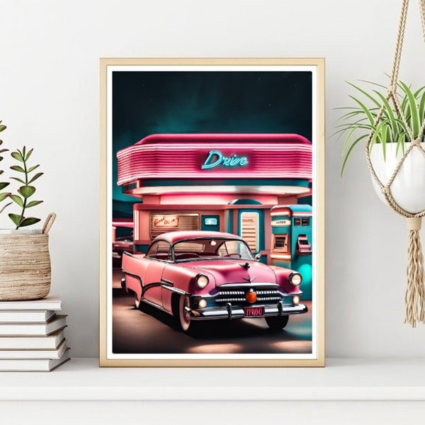 Retro American Diner, Pink Cadillac Print/Poster, Drive Thru Wall Print, Printable Kitchen Wall Art, Instant Digital Download. Unique Gift.