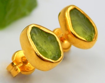 Raw Peridot Stud Earrings: Gold Plated Sterling Silver, August Birthstone