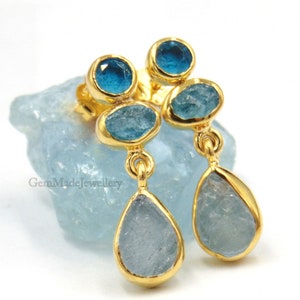 Blue Topaz, Aquamarine and Apatite Earrings, Dangle Gemstone Earrings, Blue Birthstone Earrings, Sterling Silver Gold Plated, Handmade Gift.