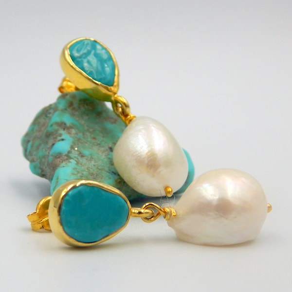 Turquoise Baroque Pearl Earrings, Rough Raw Gemstone, Silver Gold Plated, Dangle Drop Earrings, December Birthstone, June Birthstone, Gift
