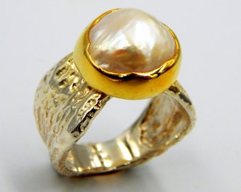Handmade Baroque Pearl Ring: 18 karat Gold Plated Sterling Silver June Birthstone Statement Ring.