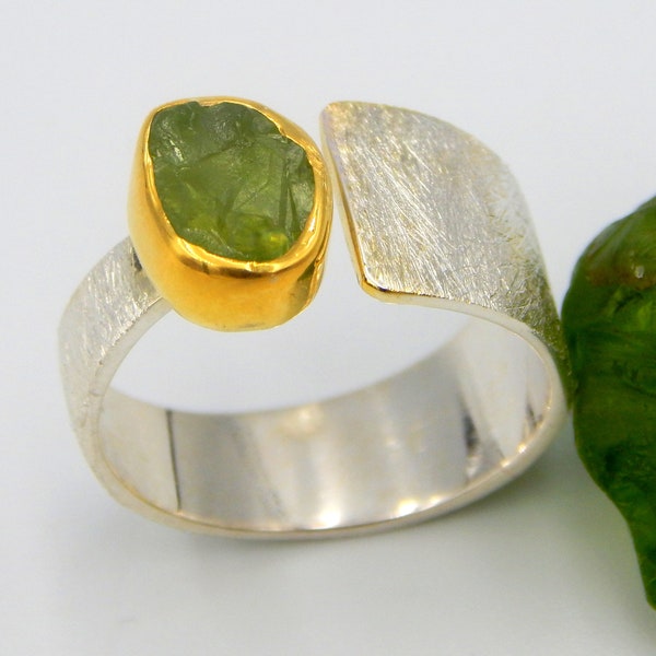 Peridot Ring, Raw Gemstone, Natural Green Stone, August Birthstone, Sterling Silver, Gold Plated, Statement Cocktail Ring,Unique Gift Idea