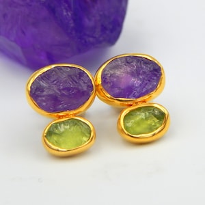Amethyst Earrings, Peridot Earrings, Raw Gemstone, February August Birthstone, Sterling Silver Gold Plated, Stud Earrings, Unique Gift