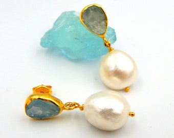 Aquamarine Earrings, Baroque Pearl Earrings, Stud Earrings, Raw Gemstone, March June Birthstone, Sterling Silver Gold Plated, Unique Gift