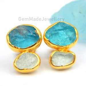 Aquamarine Earrings, Apatite Earrings, Stud Earrings with Raw Gemstone, March Birthstone,Sterling Silver Gold Plated, Gift For Her