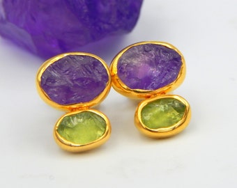 Amethyst Earrings, Peridot Earrings, Raw Gemstone, February August Birthstone, Sterling Silver Gold Plated, Stud Earrings, Unique Gift