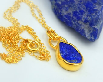 Handmade Raw Lapis Lazuli Gemstone Pendant: Gold Plated Silver September Birthstone Blue Chain Necklace