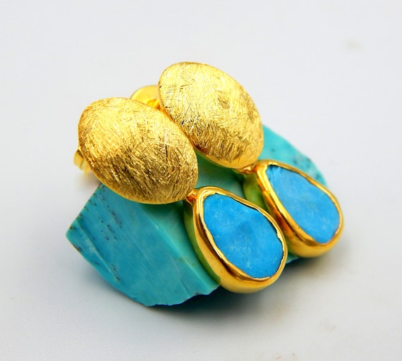 Orecchini Pendenti In Vero Turchese E Argento 925 Placcato Oro 18K, Verdi, Leggeri (3g)