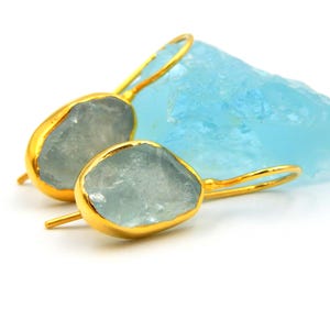 Aquamarine Earrings, Raw Natural Gemstone, Drop Earrings, Handmade Earrings, March Birthstone, Sterling Silver, Gold Plated,  Gift for Her.