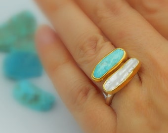 Pearl Turquoise Ring, Rough Gemstone, Double Oval Stones, Sterling Silver Gold Plated, Unique, September Birthstone, Unique Gift Ideas