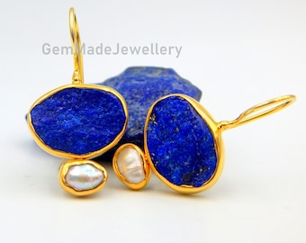 Lapis Lazuli Earrings, Pearl Earrings, Drop Earrings, Rough Gemstones, September June Birthstone, Sterling Silver Gold Plated, Gift For Her