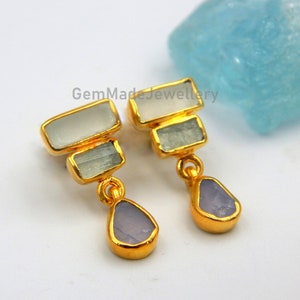 Aquamarine with Sky Blue Topaz and Chalcedony Earrings, Silver Gold Plated Multi Stone Ombre Dangle Earrings,Birthstone Crystal Unique Gift.