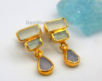 Aquamarine with Sky Blue Topaz and Chalcedony Earrings, Silver Gold Plated Multi Stone Ombre Dangle Earrings,Birthstone Crystal Unique Gift.