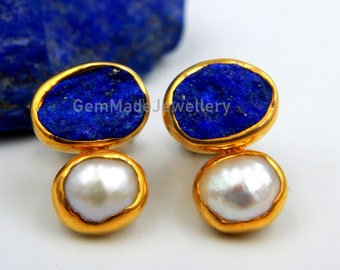 Lapis Lazuli Earrings, Pearl Earrings, Stud Earrings, Rough Gemstones, September June Birthstone, Sterling Silver Gold Plated, Gift For Her