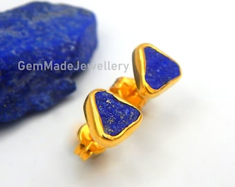 Handmade Raw Lapis Lazuli Triangle Gemstone Stud Earrings: Gold Plated Silver September Birthstone Earrigs.