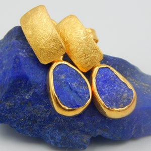 Lapis Lazuli Earrings, Raw Gemstone Earrings, Dangle Earrings,September Birthstone,Blue Earrings, Sterling Silver Gold Plated, Gift for Her