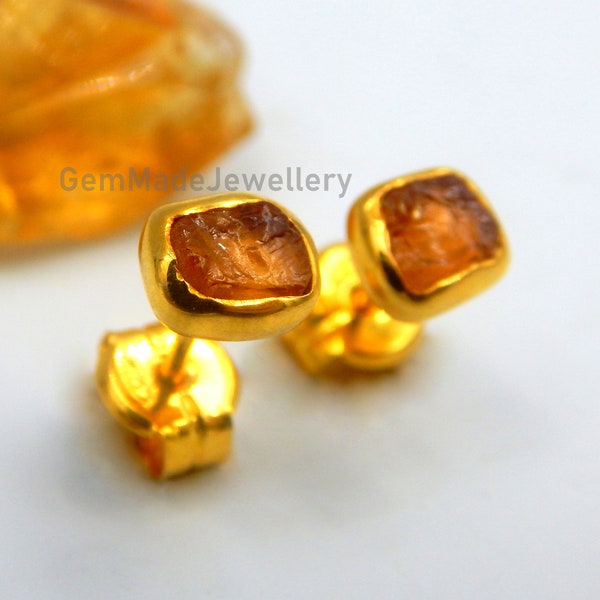 Spessartite Mandarine Garnet Earrings, Stud Earrings, Rough Gemstone, January Birthstone, Sterling Silver Gold Plated, Unique Gift For Her