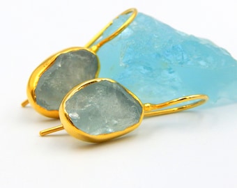 Aquamarine Earrings, Raw Natural Gemstone, Drop Earrings, Handmade Earrings, March Birthstone, Sterling Silver, Gold Plated,  Gift for Her.