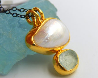 Handmade Raw Aquamarine & Pearl Pendant: Gold Plated Sterling Silver Birthstone Chain Necklace.