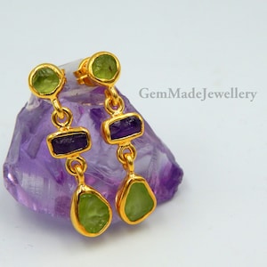 Peridot and Amethyst Dangle Earrings, Raw Gemstone, February and August Birthstone, Sterling Silver Gold Plated, Unique Gift