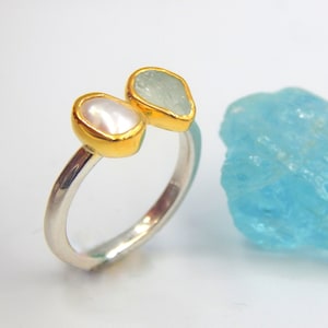 Aquamarine Ring, Baroque Pearl Ring, Raw Gemstones, Minimalist Ring, March June Birthstone, Sterling Silver Gold Plated, Gift For Her
