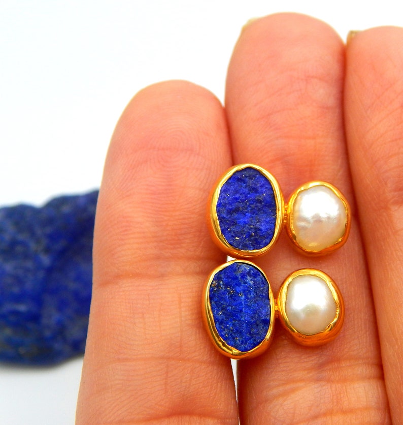 Gift For Her September June Birthstone Pearl Earrings Sterling Silver Gold Plated Lapis Lazuli Earrings Rough Gemstones Stud Earrings