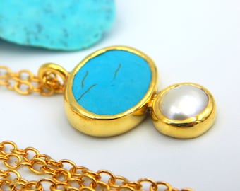 Turquoise Pendant, Pearl Pendant, Rough Raw Gemstone, Silver Gold Plated, Handmade, December Birthstone, June Birthstone, Unique Gift
