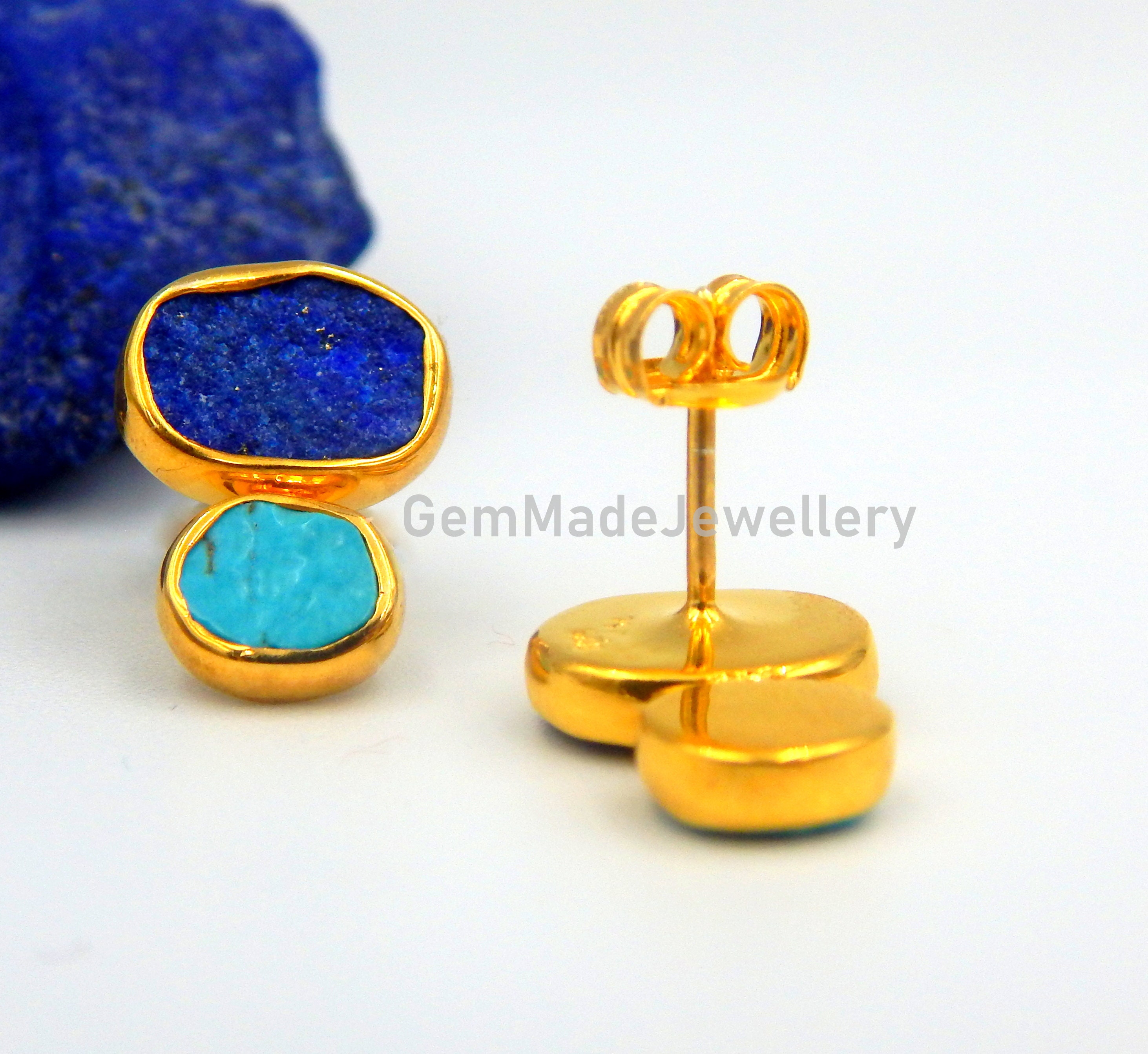 Lapis Lazuli Earrings, Turquoise Earrings, Stud Earrings, Rough Gemstones,  September December Birthstone, Sterling Silver Gold Plated, Gift - Etsy