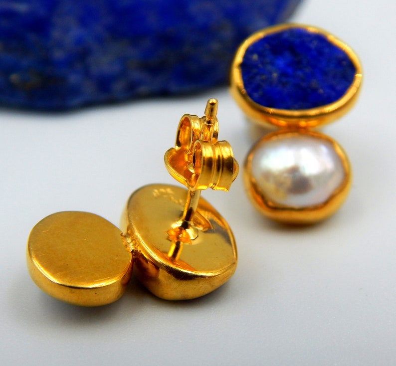 Gift For Her September June Birthstone Pearl Earrings Sterling Silver Gold Plated Lapis Lazuli Earrings Rough Gemstones Stud Earrings