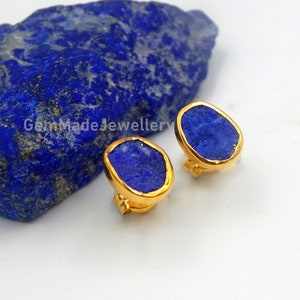 Lapis Lazuli Earrings, Stud Earrings, Minimalist Earrings, Raw Gemstones, September Birthstone, Sterling Silver Gold Plated, Unique Gift