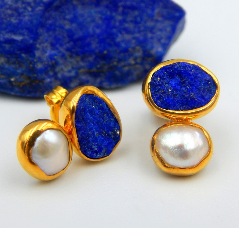 Gift For Her September June Birthstone Pearl Earrings Sterling Silver Gold Plated Lapis Lazuli Earrings Rough Gemstones Stud Earrings