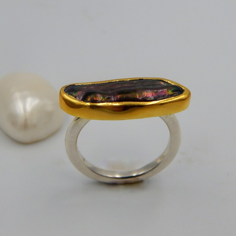 Handmade Statement Artistic Ring Sterling Silver Gold Plated Unique Gift White and Black Pearl Ring June Birthstone Flat Rough Pearl