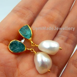 Apatite and Baroque Pearl Earrings, Raw Gemstone Dangle Earrings, Silver Gold Plated, December Birthstone, June Birthstone, Unique Gift