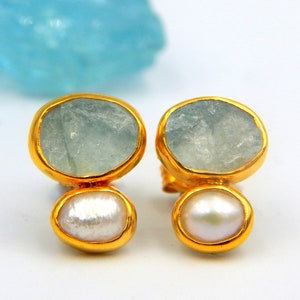 Aquamarine Earrings, Pearl Earrings, Stud Earrings, Rough Raw Gemstone, March June Birthstone, Sterling Silver Gold Plated, Gift For Her