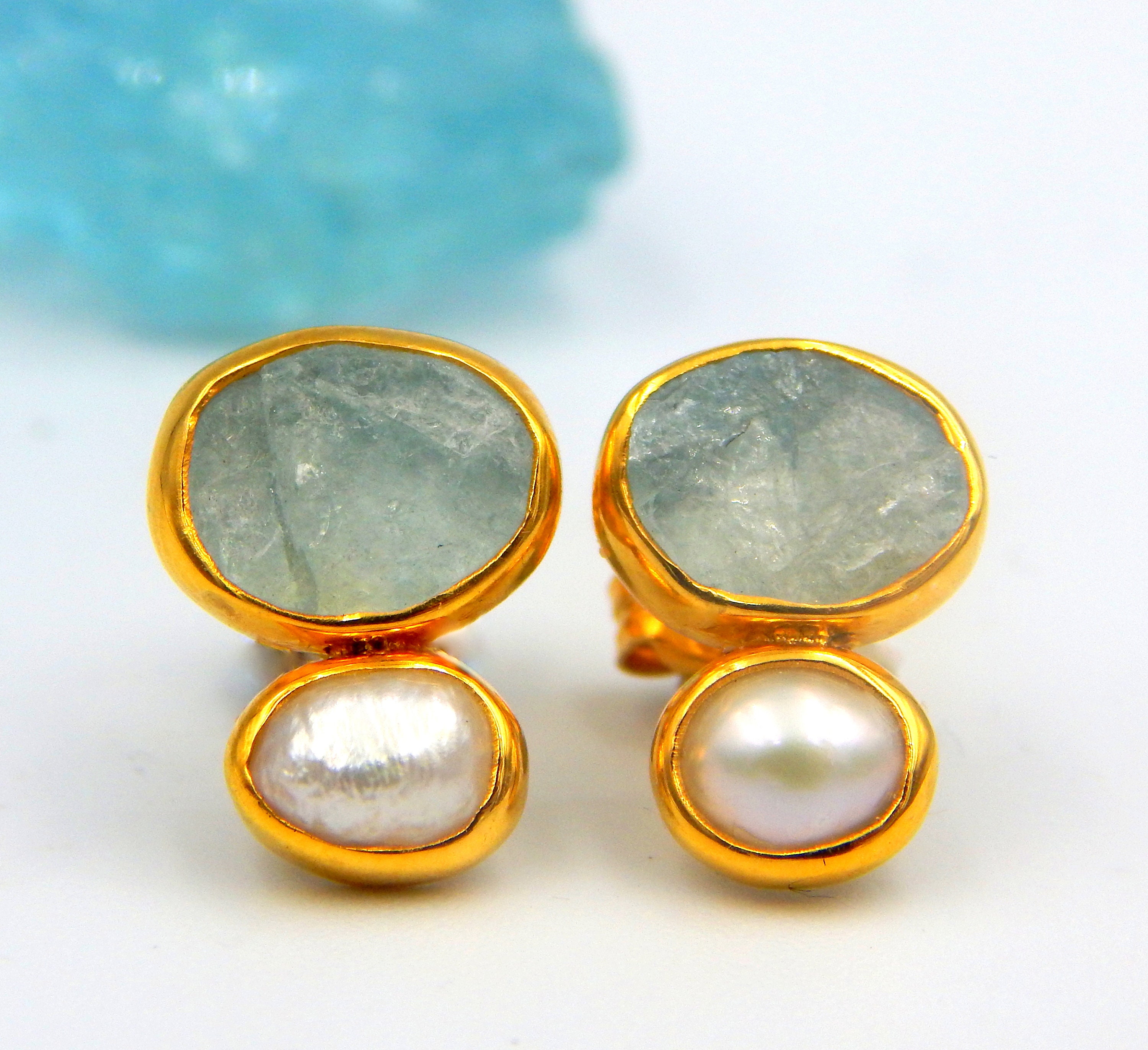 Aquamarine Earrings, Pearl Earrings, Stud Earrings, Rough Raw Gemstone, March June Birthstone, Sterling Silver Gold Plated, Gift For Her