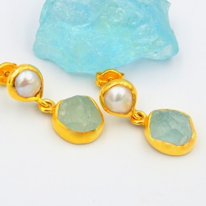 Aquamarine Earrings, Baroque Pearl Earrings, Dangle Earrings, Raw Gemstone, Sterling Silver Gold Plated, March June Birthstone, Gift For Her