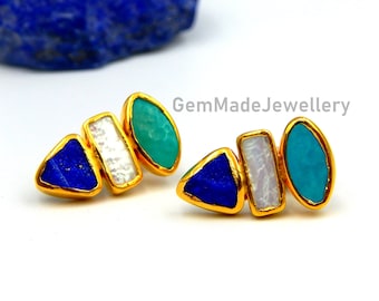 Lapis Lazuli Earrings, Turquoise Earrings, Pearl Earrings, Stud Earrings, Birthstone, Geometric, Minimalist,Silver Gold Plated, Gift For Her