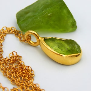 Raw Peridot Pendant: Gold Plated Sterling Silver August Birthstone Necklace