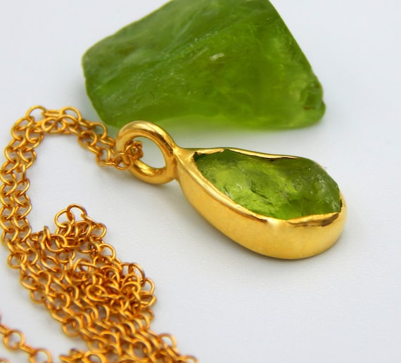 Handmade Raw Green Peridot Pendant: 18k Gold Plated Sterling Silver August Birthstone Necklace